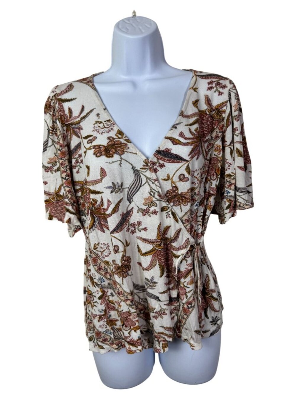 Lucky Brand Floral Paisley Wrap Top Short Sleeves VNeck Size Medium Peasant Boho